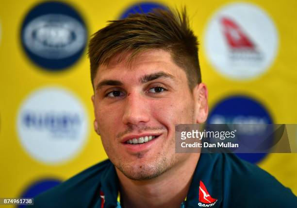 Sean McMahon of Australia speaks to the media following a training session at the Lensbury Hotel on November 16, 2017 in London, England.
