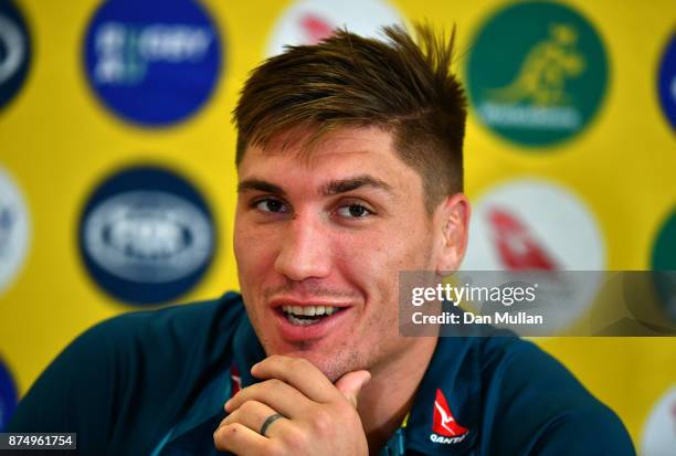 Sean McMahon of Australia speaks to the media following a training session at the Lensbury Hotel on November 16, 2017 in London, England.