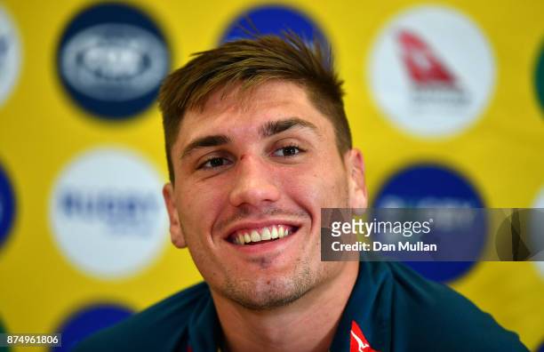 Sean McMahon of Australia speaks to the media following a training session at the Lensbury Hotel on November 16, 2017 in London, England.