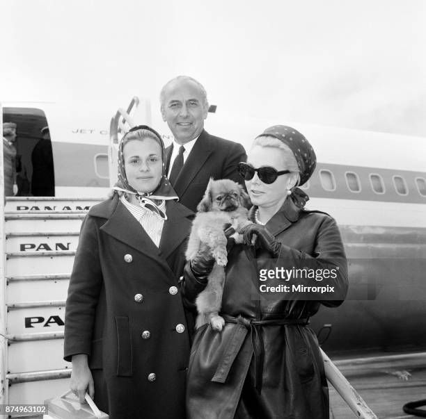 Zsa Zsa Gabor at London Airport with her daughter Francesca Hilton and husband Herbert Hutner, after flying from from Nice, en route to Los Angeles,...