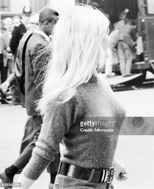 Bridget Bardot, French actress seen here during a break in filming for 'Two Weeks in September' outside the Windsor Hotel, Lancaster Gate, London,...