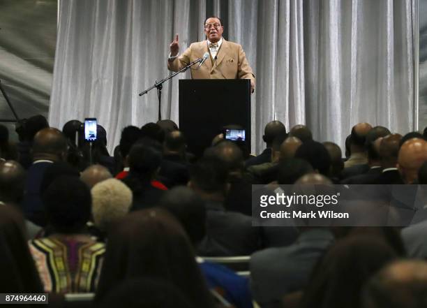 Nation of Islam Minister Louis Farrakhan delivers a speech and talks about U.S. President Donald Trump, at the Watergate Hotel, on November 16, 2017...