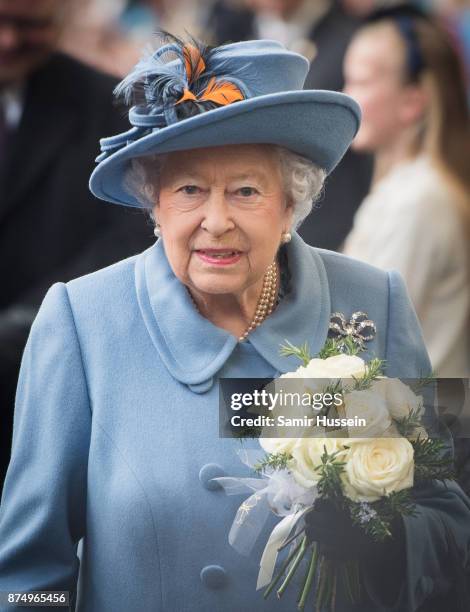 Queen Elizabeth II arrives at Hull Railway Station on November 16, 2017 in Kingston upon Hull, England.