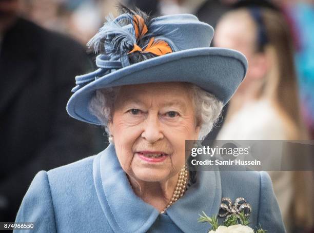 Queen Elizabeth II arrives at Hull Railway Station on November 16, 2017 in Kingston upon Hull, England.