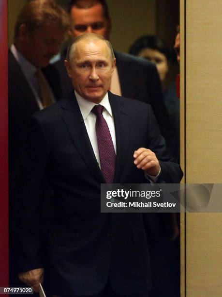 Russian President Vladimir Putin enters the hall during fhe first WHO global ministerial conference ending TB in the sustainable development era: a...