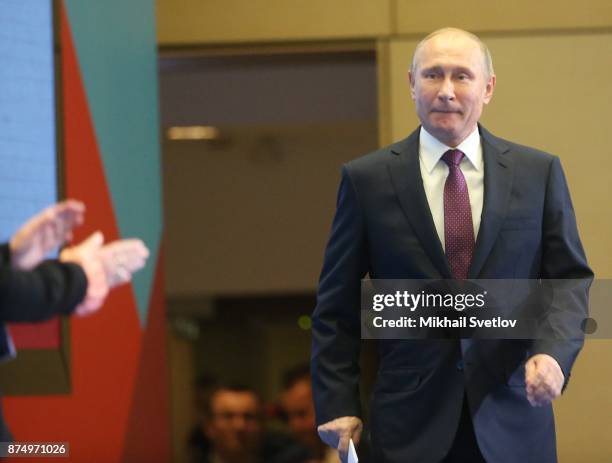 Russian President Vladimir Putin enters the hall during fhe first WHO global ministerial conference ending TB in the sustainable development era: a...