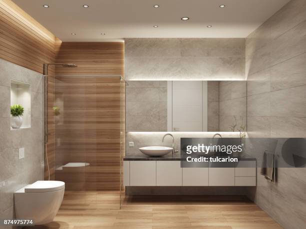modern contemporary interior bathroom with two sinks and large mirror - domestic bathroom stock pictures, royalty-free photos & images