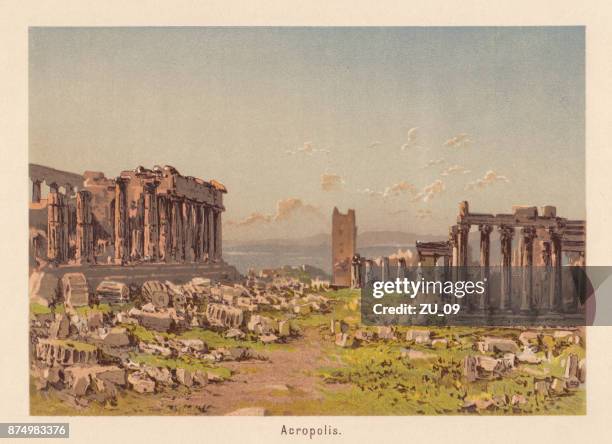 acropolis, athens, greece, lithograph, published in 1885 - acropolis stock illustrations
