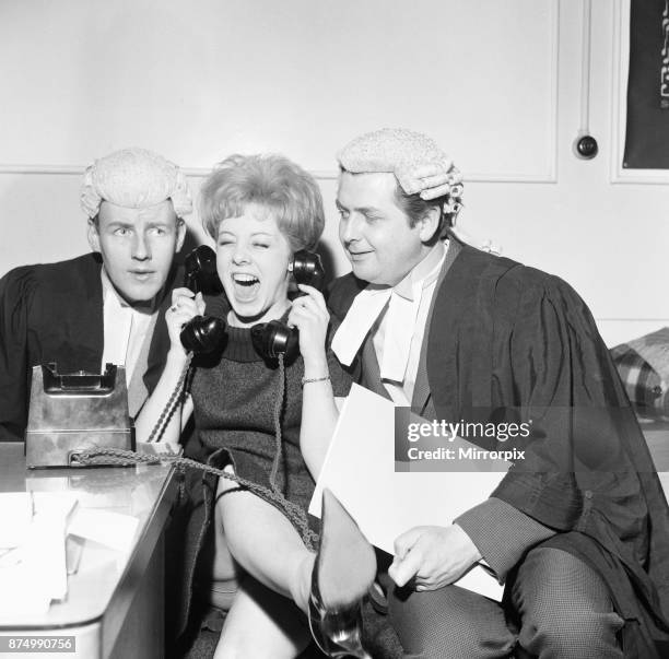 Richard Briers June Barry and Richard Waring take a break from rehearsals for the new BBC comedy 'Brothers in Law' 2nd March 1962.