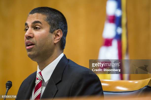 Ajit Pai, chairman of the Federal Communications Commission , speaks during an open meeting in Washington, D.C., U.S., on Thursday, Nov. 16, 2017....