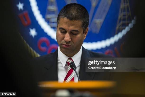 Ajit Pai, chairman of the Federal Communications Commission , pauses while speaking during an open meeting in Washington, D.C., U.S., on Thursday,...