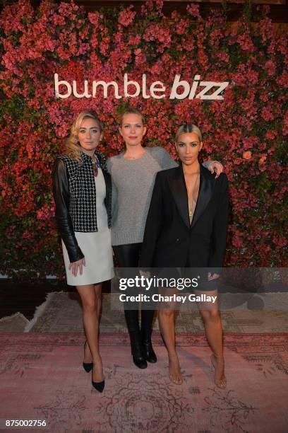Whitney Wolfe Herd, Erin Foster, and Kim Kardashian attend Bumble Bizz Los Angeles Launch Dinner At Nobu Malibu at Nobu Malibu on November 15, 2017...