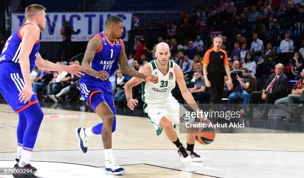 Nick Calathes, #33 of Panathinaikos Superfoods Athens competes with Ricky Ledo, #1 of Anadolu Efes Istanbul during the 2017/2018 Turkish Airlines...