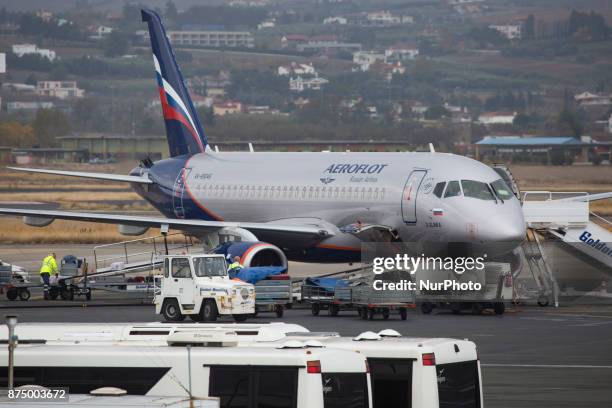 Aeroflot's Russian Airlines Sukhoi Superjet 100 as seen in Thessaloniki International Airport &quot;Makedonia&quot;. The airline is connecting...