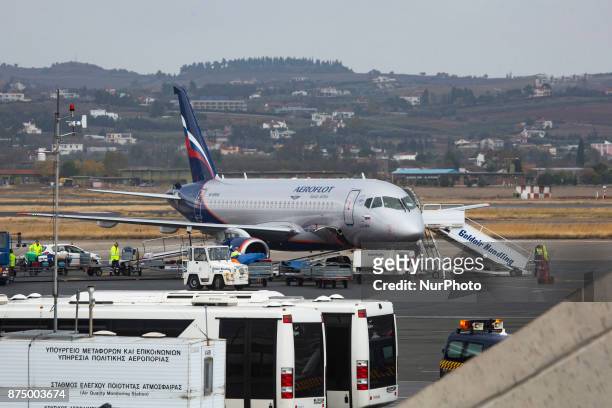 Aeroflot's Russian Airlines Sukhoi Superjet 100 as seen in Thessaloniki International Airport &quot;Makedonia&quot;. The airline is connecting...