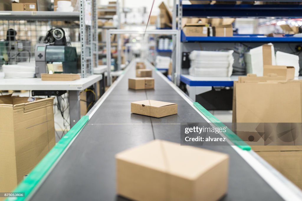 Cardboard boxes on conveyor belt at distribution warehouse