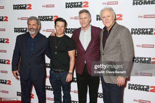Mel Gibson, Mark Wahlberg, Will Ferrell and John Lithgow attend the UK Premiere of "Daddy's Home 2" at the Vue West End on November 16, 2017 in...
