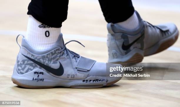 Shoes of Thomas Robinson, #0 of Khimki Moscow Region in action during the 2017/2018 Turkish Airlines EuroLeague Regular Season Round 8 game between...