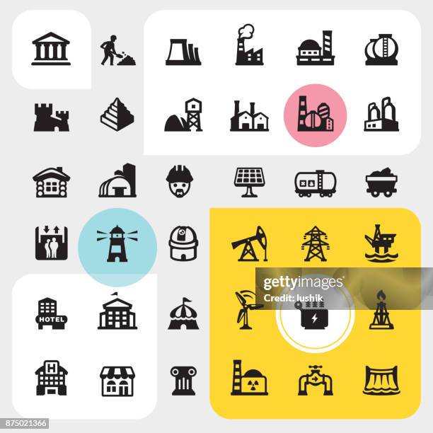 construction site and industrial buildings - icon set - mine workings stock illustrations