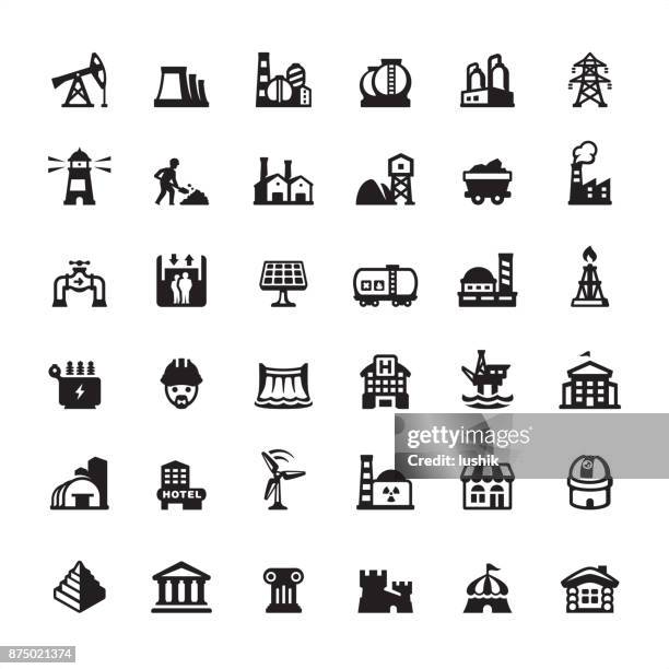 industrial building and construction - icons set - gas plant vector stock illustrations