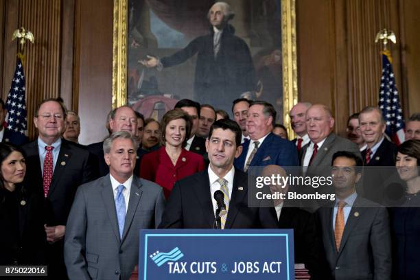 House Speaker Paul Ryan, a Republican from Wisconsin, center, speaks during a news conference with Republican House members after voting on the Tax...