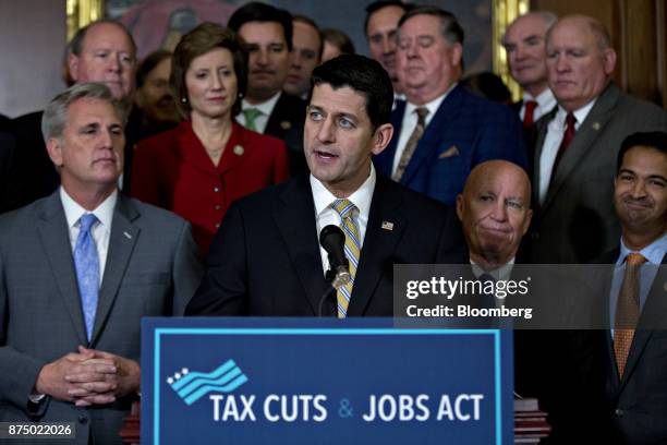 House Speaker Paul Ryan, a Republican from Wisconsin, speaks during a news conference with Republican House members after voting on the Tax Cuts and...