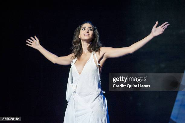 Spanish actress Alba Flores performs during the dress rehearsal of the play 'Troyanas' by Euripides on stage at the Espanol Theatre on November 8,...