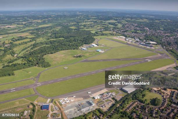 Aerial photograph of Biggin Hill Airport on June 14, 2017 in. Formerly known as RAF Biggin Hill, the airfield dates back to 1916, It is located 13...