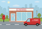 Post office building, delivery truck and mailbox on city background.