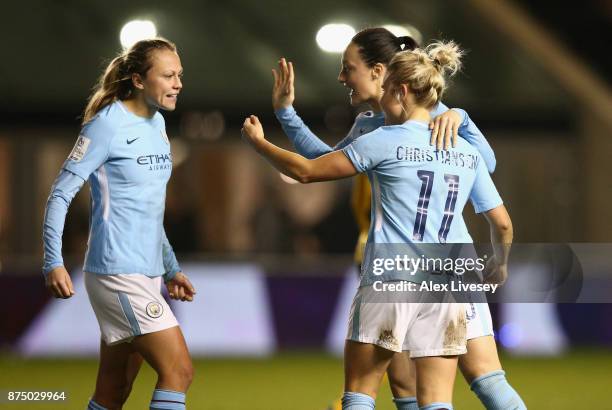 Izzy Christiansen of Manchester City Women celebrates with Claire Emslie and Megan Campbell after scoring her goal during the UEFA Women's Champions...