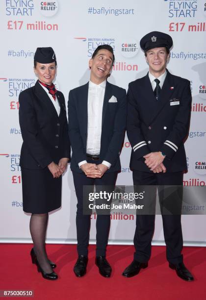 Julie Diggins, Russell Kane and James Van der Hoorn attend a British Airways event celebrating the airline raising GBP17 million for Comic Relief...