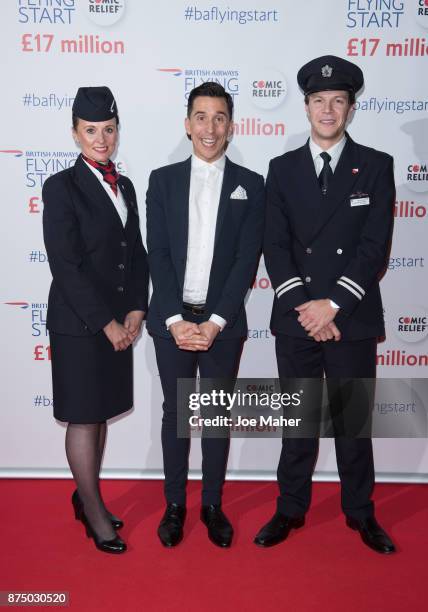 Julie Diggins, Russell Kane and James Van der Hoorn attend a British Airways event celebrating the airline raising GBP17 million for Comic Relief...