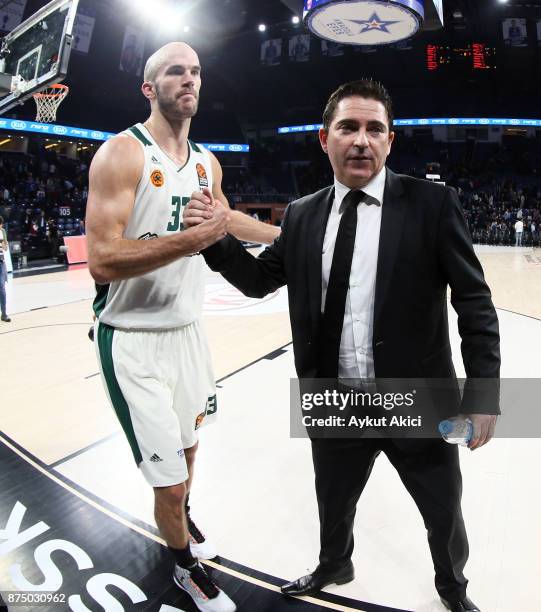 Xavi Pascual, Head Coach of Panathinaikos Superfoods Athens and Nick Calathes, #33 of Panathinaikos Superfoods Athens celebrate victory during the...