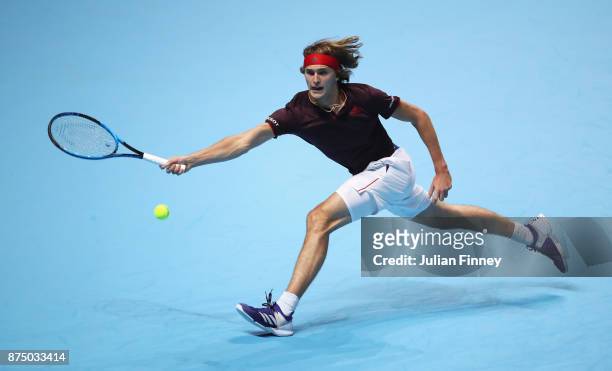 Alexander Zverev of Germany plays a forehand in his Singles match against Jack Sock of the United States during day five of the Nitto ATP World Tour...