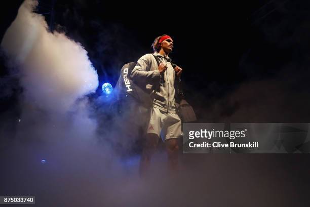 Alexander Zverev of Germany gets ready to walk out on court for his third round robin match against Jack Sock of the United States during the Nitto...