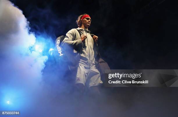 Alexander Zverev of Germany gets ready to walk out on court for his third round robin match against Jack Sock of the United States during the Nitto...