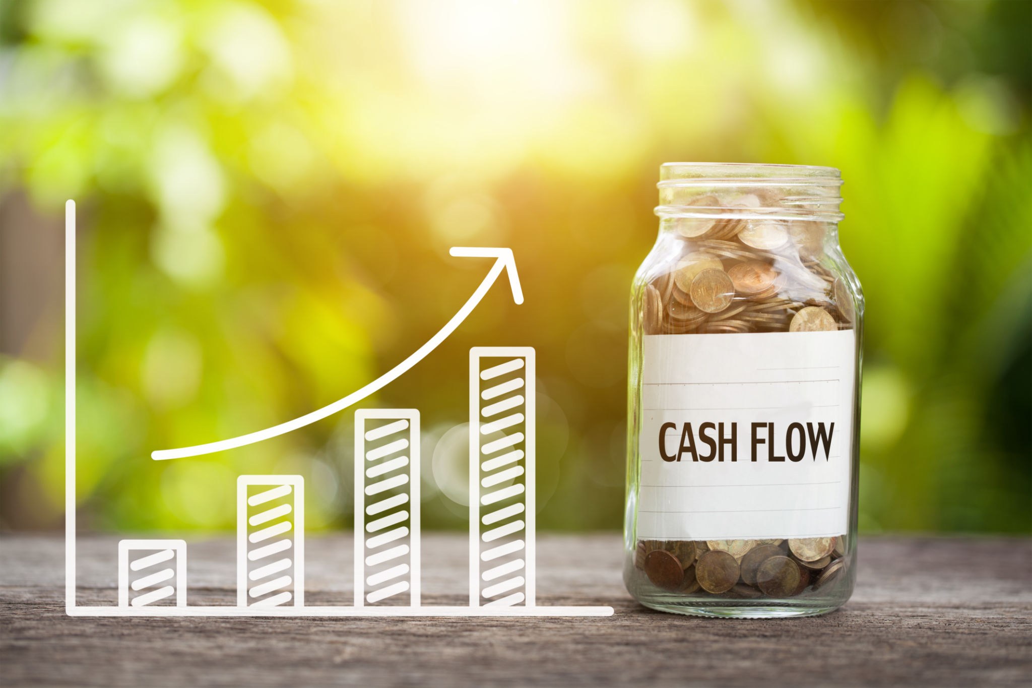 Cash Flow Word With Coin In Glass Jar and graph up. Financial Concept Cash Flow Word With Coin In Glass Jar and graph up. Financial Concept