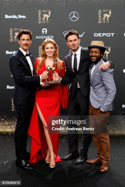 Florian David Fitz, Palina Rojisnki, Simon Verhoeven and Eric Kabongo pose with award at the Bambi Awards 2017 winners board at Stage Theater on...