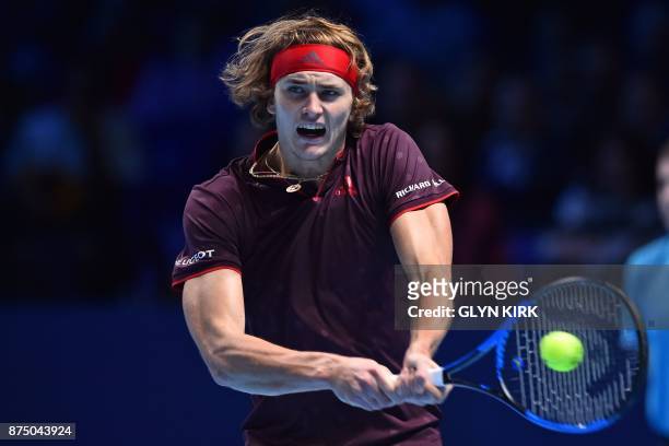 Germany's Alexander Zverev returns to US player Jack Sock during their men's singles round-robin match on day five of the ATP World Tour Finals...