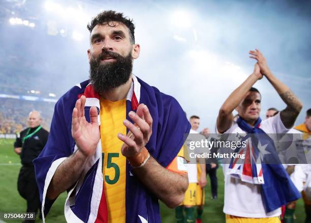 Mile Jedinak of Australia celebrates victory after the 2018 FIFA World Cup Qualifiers Leg 2 match between the Australian Socceroos and Honduras at...