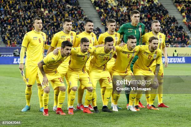 Vlad Chiriches of Romania, George Tucudean of Romania, Constantin Budescu of Romania, Florin Tanase of Romania, goalkeeper Costel Pantilimon of...