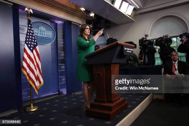 White House press secretary Sarah Huckabee Sanders answers questions during a briefing at the White House on November 16, 2017 in Washington, DC....