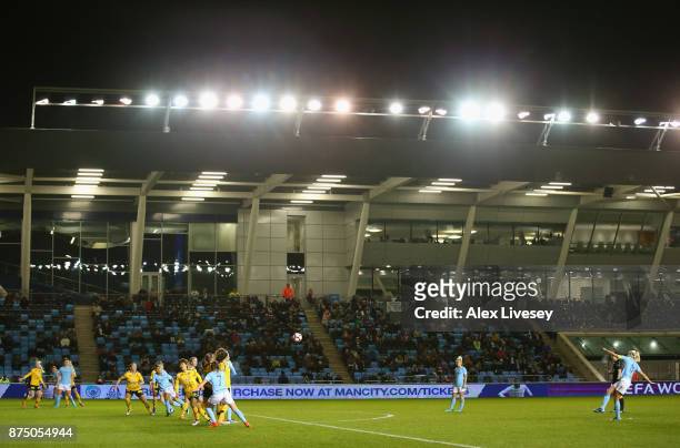 General view of the Academy Stadium is seen as Steph Houghton of Manchester City Women takes a free kick during the UEFA Women's Champions League...