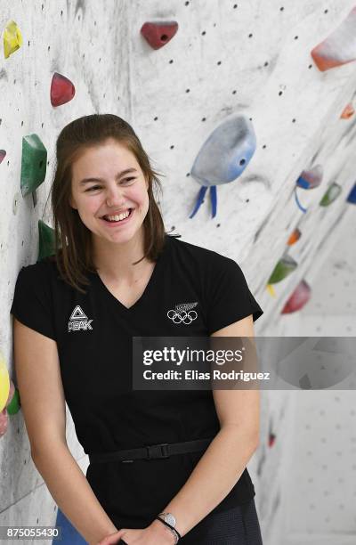 Sport climbing athlete Sarah Tetzlaff, who has been selected in the New Zealand Youth Olympic Games team, is seen at the Hangdog Climbing Centre on...