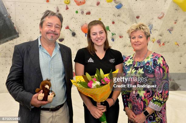 Sport climbing athlete Sarah Tetzlaff with Climbing New Zealand President David Sanders and NZOC CEO Kereyn Smit, who has been selected in the New...