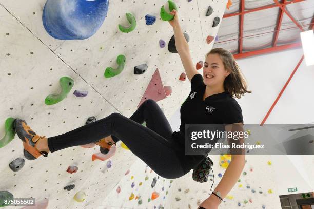 Sport climbing athlete Sarah Tetzlaff, who has been selected in the New Zealand Youth Olympic Games team, is seen at the Hangdog Climbing Centre on...