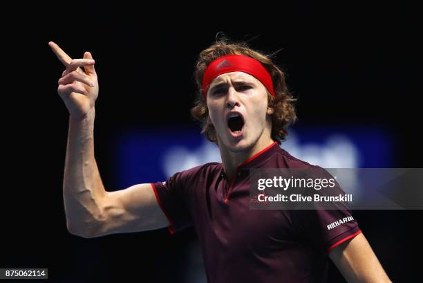 Alexander Zverev of Germany celebrates a point in his Singles match against Jack Sock of the United States during day five of the Nitto ATP World...