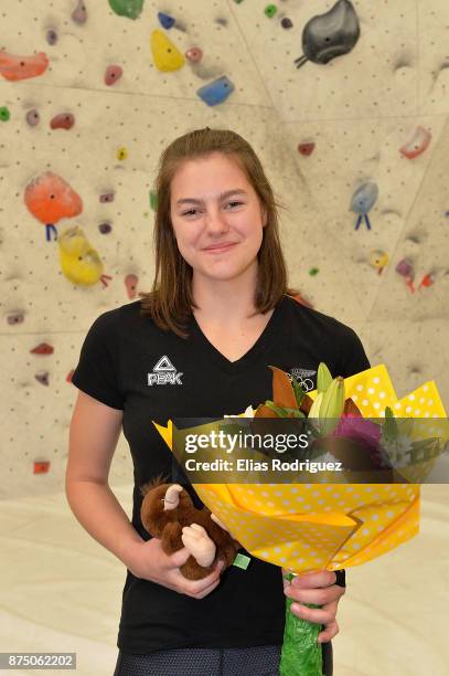 Sport climbing athlete Sarah Tetzlaff, who has been selected in the New Zealand Youth Olympic Games team, is seen at the Hangdog Climbing Centre on...