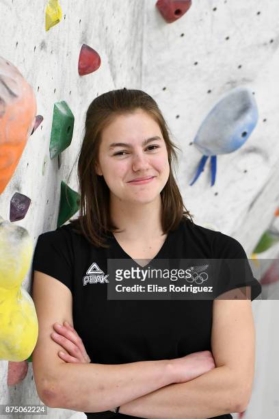 Sport climbing athlete Sarah Tetzlaff , who has been selected in the New Zealand Youth Olympic Games team, is seen at the Hangdog Climbing Centre on...