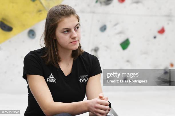 Sport climbing athlete Sarah Tetzlaff, who has been selected in the New Zealand Youth Olympic Games team, is seen at the Hangdog Climbing Centre on...